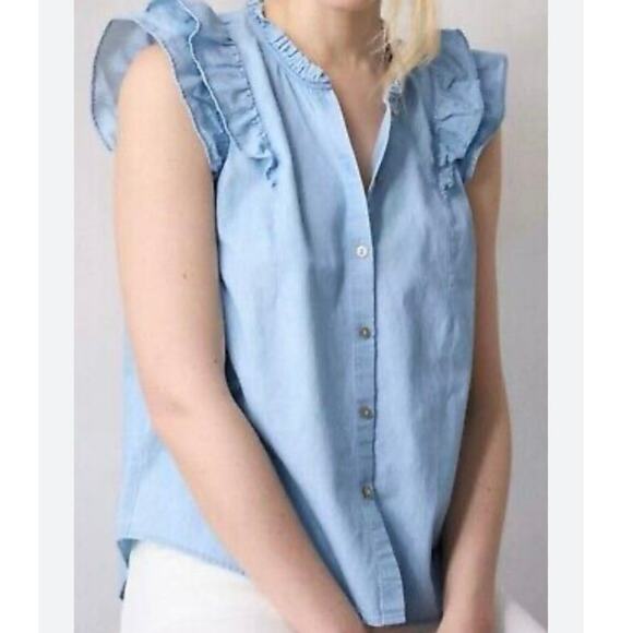 Women’s LC Lauren Conrad Button Front Ruffle Denim Top Size XL Work Casual - Picture 1 of 8